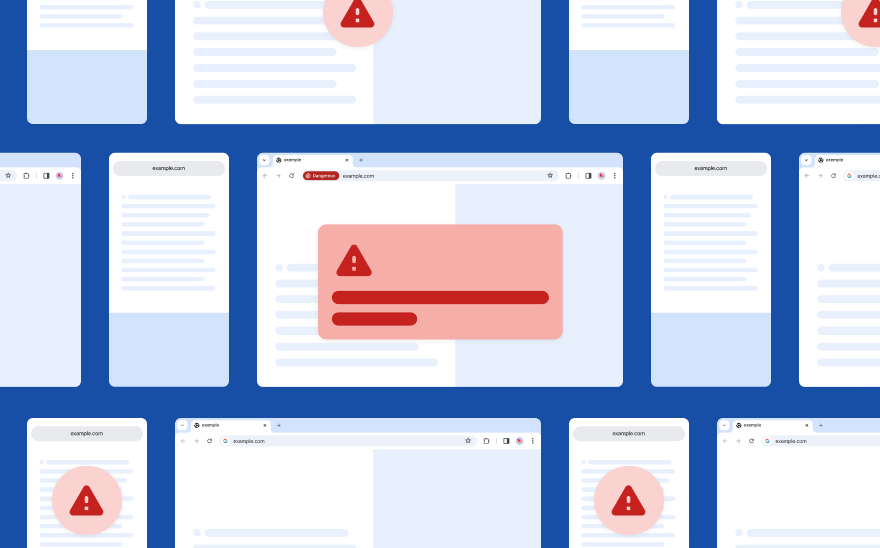 Des pages Web génériques flottent sur un fond bleu foncé. Au premier plan se trouve un pop-up rouge accompagné d'une icône d'alerte également rouge.